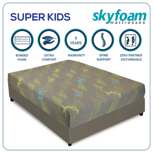 Skyfoam Superkids Medium Soft Comfort with Removable Zipper Cover & Zero Partner Disturbance Orthopedic High Resilience Foam Mattress in Grey Color